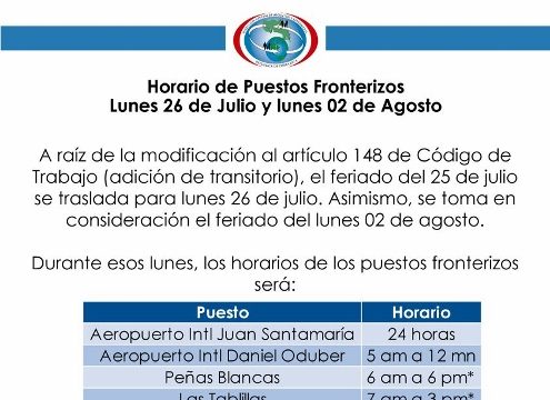 Costa Rica Border Hours – Statutory Holidays 26/7 and 2/8 2021 Costa Rica Border Hours
