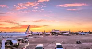 US Flights Airport Scene at Sunset