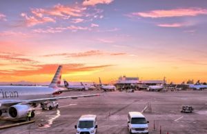 US Flights Airport Scene at Sunset