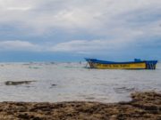 Entering Costa Rica Blue and Yellow Panga Boat at Anchor