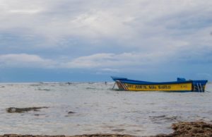 Entering Costa Rica Blue and Yellow Panga Boat at Anchor